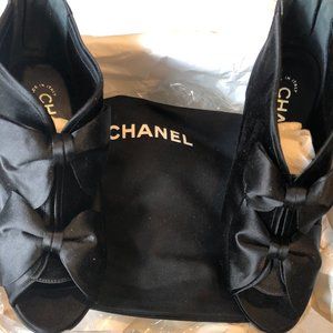NEW IN BOX Chanel Black Satin Double Bow Open Toe Ankle Bootie Size 37